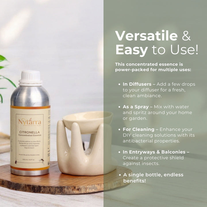 Nytarra Citronella Concentrated Essence in an aluminum bottle placed on a wooden tray beside a ceramic oil burner, emphasizing its versatility for diffusers, sprays, cleaning, and insect protection.
