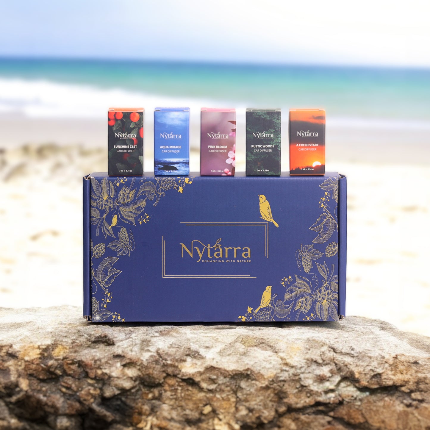 Nytarra's premium gift box with five signature car fresheners, beautifully packaged for a fresh and fragrant driving experience. 