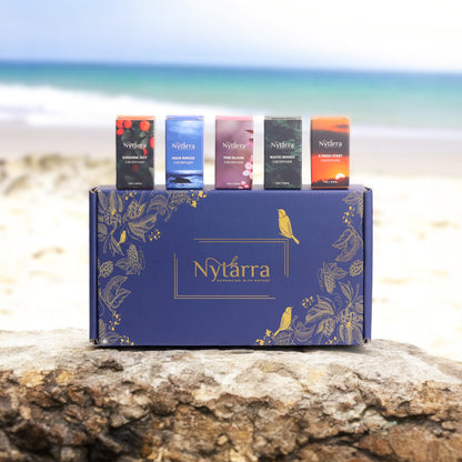 Nytarra's premium gift box with five signature car fresheners, beautifully packaged for a fresh and fragrant driving experience. 