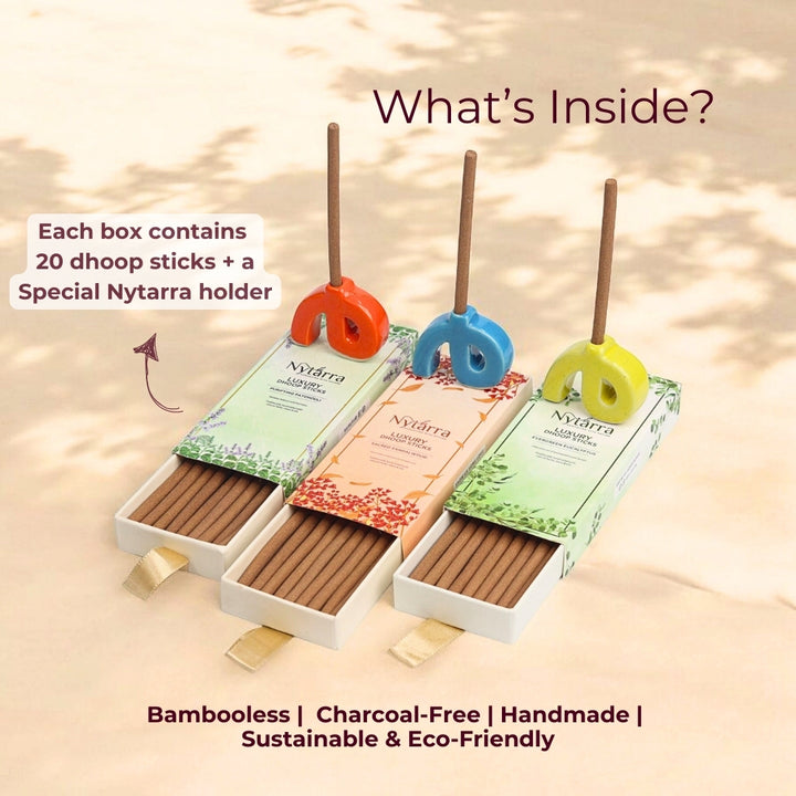 Each box contains 20 bambooless, charcoal-free dhoop sticks with a special Nytarra ceramic holder. Handmade and eco-friendly.
