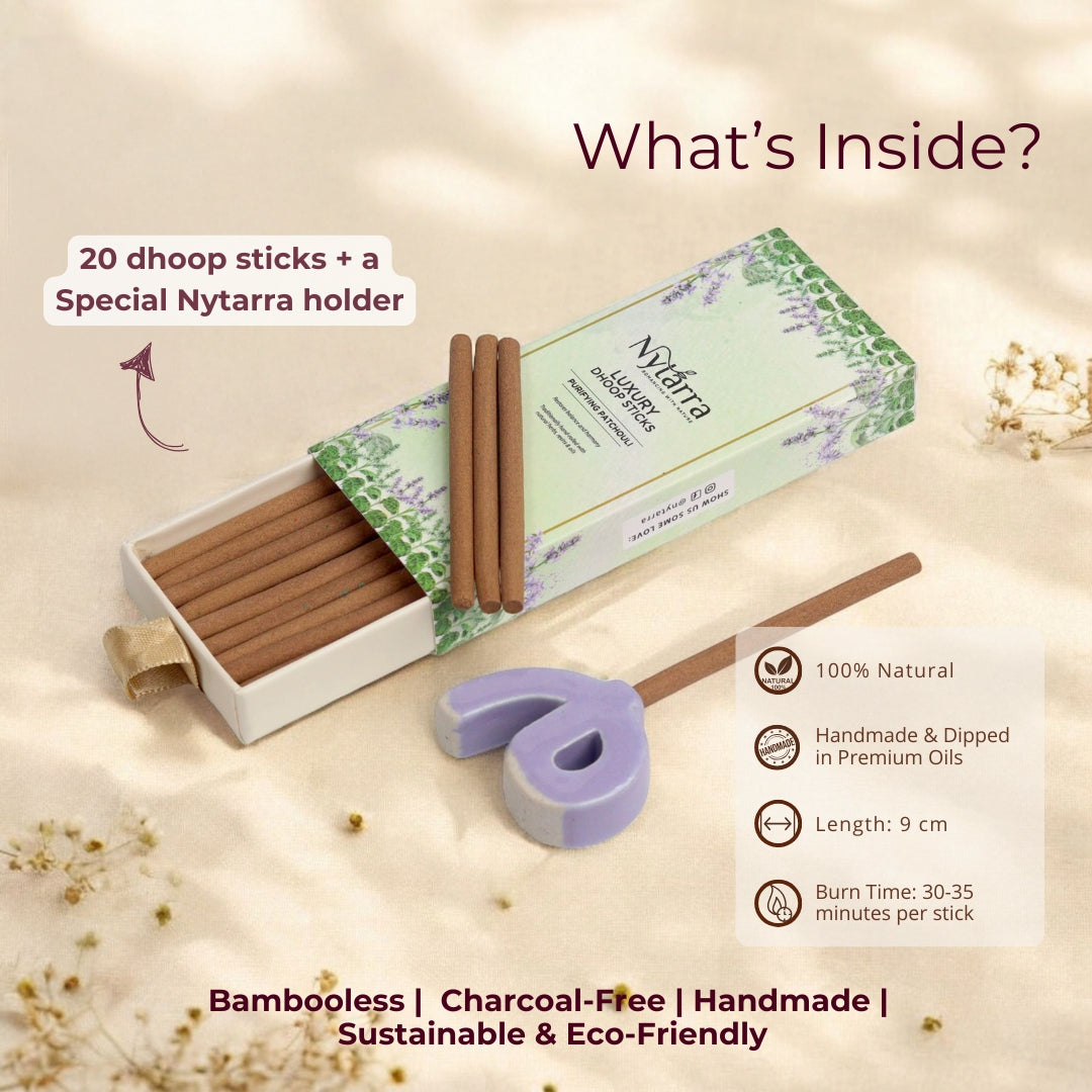 Contains 20 bamboo-less, charcoal-free dhoop sticks with a Nytarra holder. Handmade, 100% natural, and dipped in premium oils.