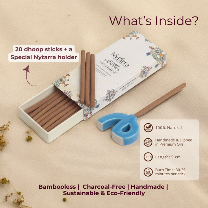 Nytarra Luxury Dhoop Sticks in Mystical Mukhallat, featuring 20 charcoal-free sticks with a blue ceramic holder, eco-friendly & handmade.