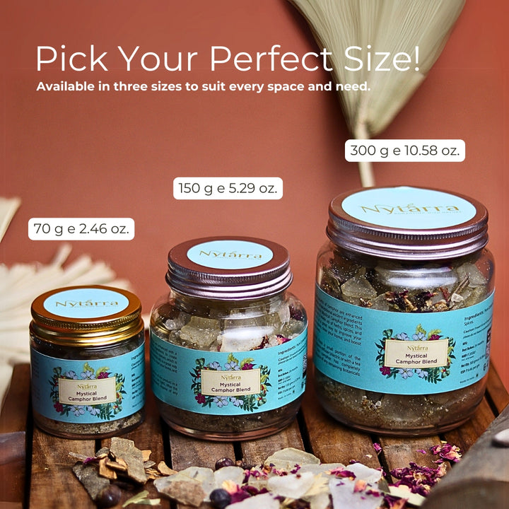 Nytarra Mystical Camphor Blend is available in 70g, 150g, and 300g sizes, offering a versatile aromatic experience for every space.