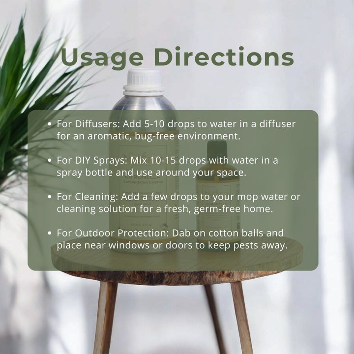 Nytarra Citronella Essence bottle on a wooden stool with plants, showing usage for diffusers, sprays, cleaning, and pest control.