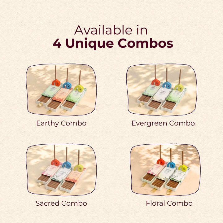 Available in 4 unique combos: Earthy, Evergreen, Sacred, and Floral. Each set includes soothing, bambooless, charcoal-free dhoop sticks.