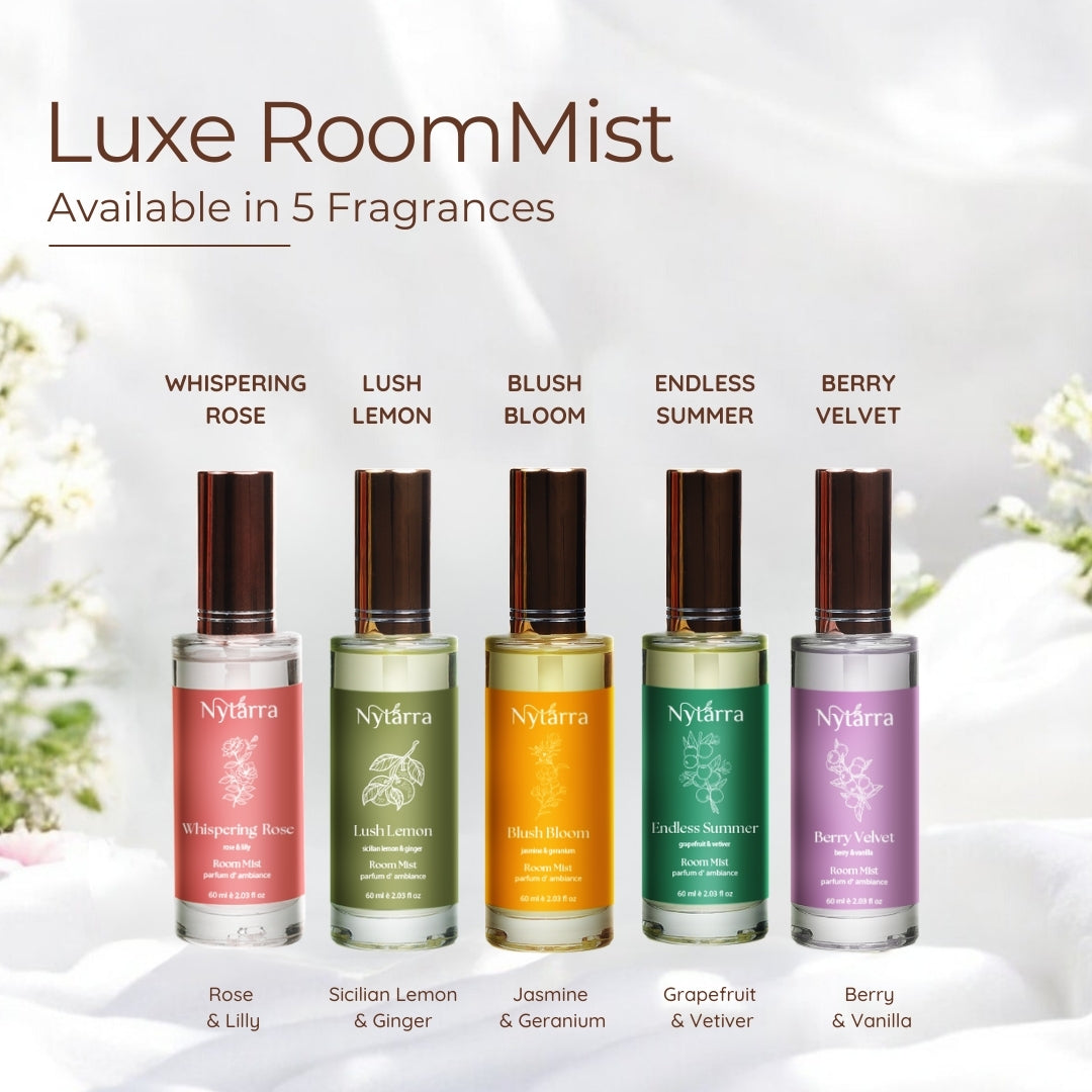 Nytarra’s Luxe Room Mist – Available in 5 exquisite fragrances for a refreshing and long-lasting ambiance. Alcohol-free & naturally uplifting!