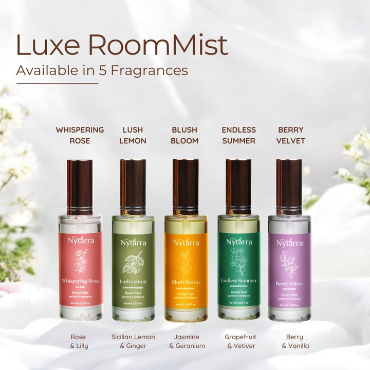 Nytarra’s Luxe Room Mist – Available in 5 exquisite fragrances for a refreshing and long-lasting ambiance. Alcohol-free & naturally uplifting!