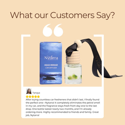 Nytarra Aqua Mirage car diffuser with a 5-star customer review praising its long-lasting, fresh fragrance and petrol odor removal.