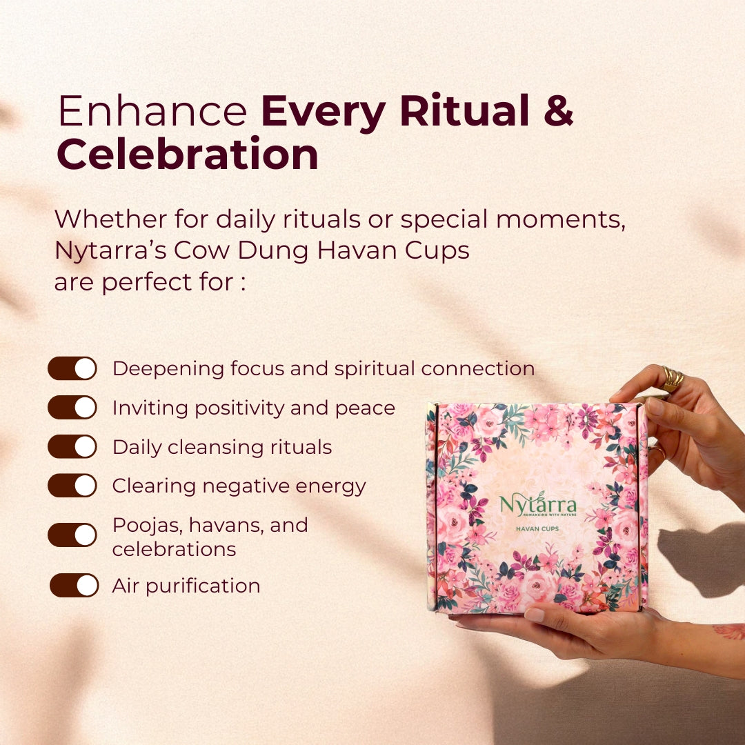 Nytarra Cow Dung Havan Cups – natural, charcoal-free, handmade for rituals, poojas, and air purification. Eco-friendly & aromatic.