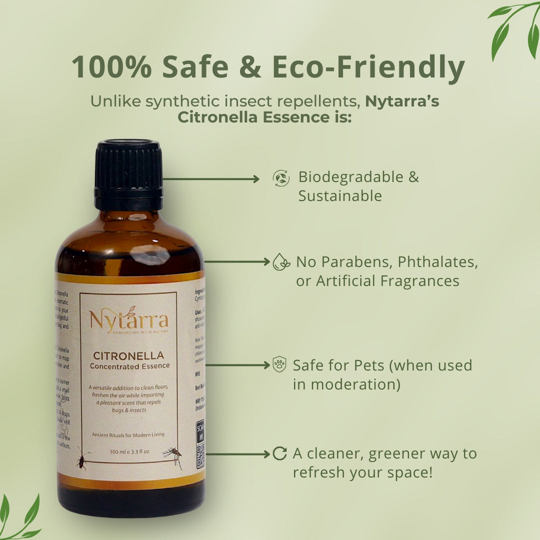 Nytarra Citronella Essence bottle with eco-friendly benefits, highlighting biodegradability, pet safety, and a toxin-free formula.