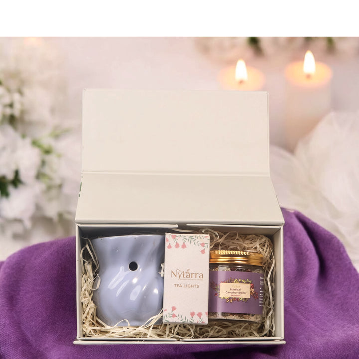 This gift set looks elegant and perfect for special occasions! The handcrafted ceramic diffuser, T-lights, and Nytarra Mystical Camphor Blend make it a thoughtful present. 