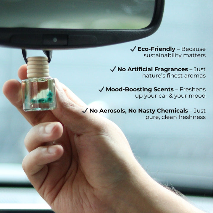 Nytarra Naturals hanging glass car air freshener with a wooden cap, offering eco-friendly, chemical-free, mood-boosting scents.