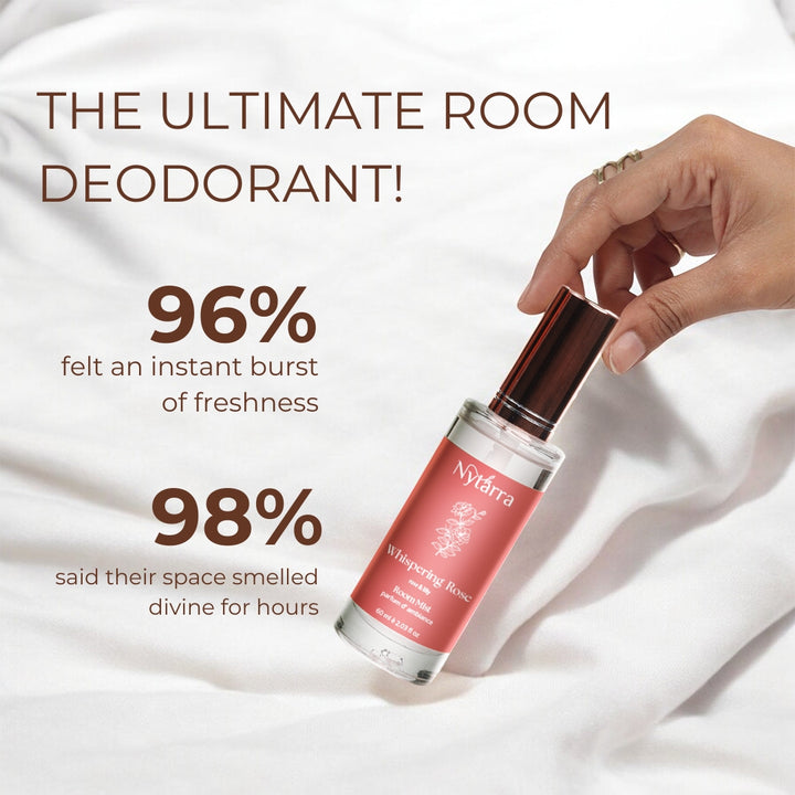 Nytarra Luxe Room Mist – The ultimate room deodorant! 96% felt an instant burst of freshness, and 98% said their space smelled divine for hours.