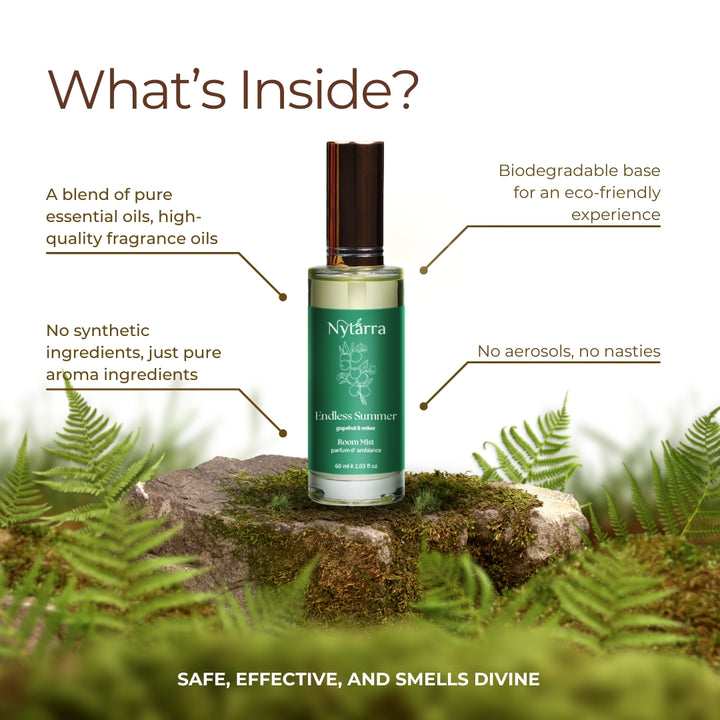 Nytarra Luxe Room Mist – Made with pure essential oils, a biodegradable base, and no aerosols. Safe, effective, and smells divine!