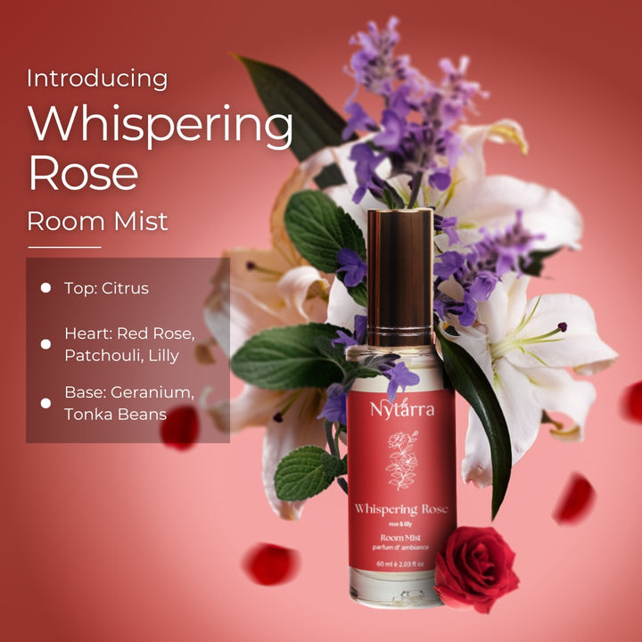 Whispering Rose Room Mist by Nytarra, featuring citrus, red rose, patchouli, lily, geranium, and tonka beans, set against a floral backdrop.