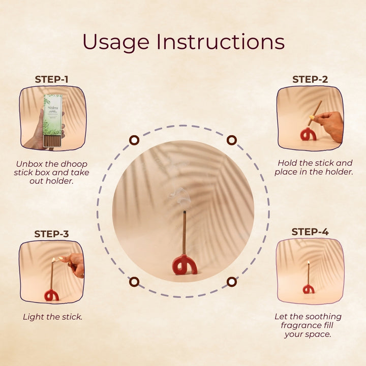 Usage instructions for Nytarra Dhoop Sticks: Unbox, place in holder, light the stick, and enjoy a soothing fragrance.