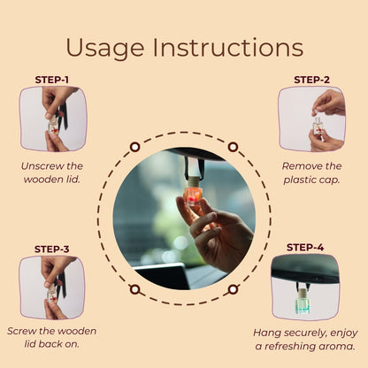 Step-by-step guide for using Nytarra car diffuser: unscrew lid, remove cap, reattach lid, and hang for a fresh aroma.