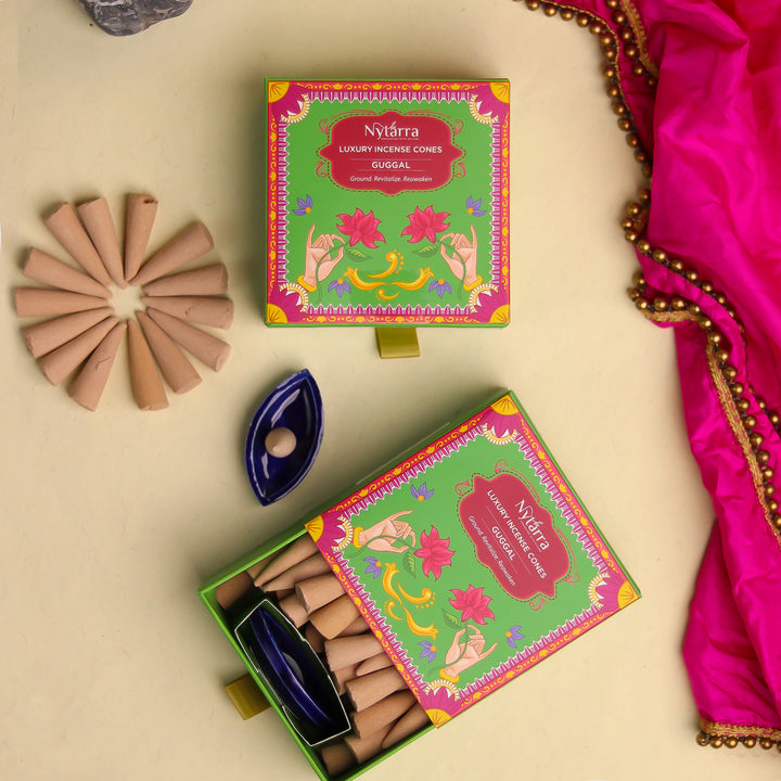 Nytarra Guggal luxury incense cones, infused with pure Guggal resin, emit a warm, earthy aroma that promotes inner peace and tranquility.