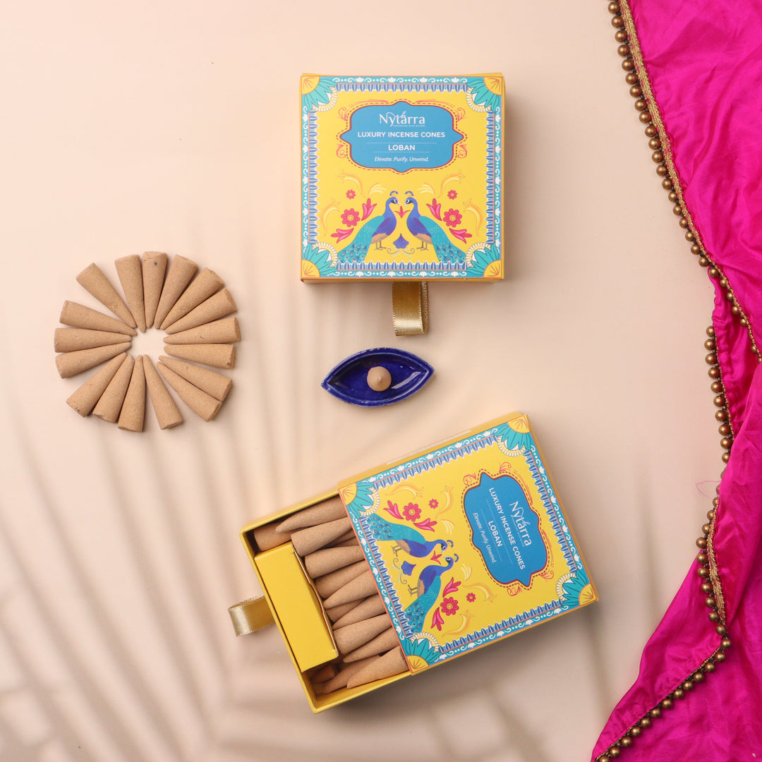 Nytarra Loban luxury incense cones, infused with natural loban resin, release a deep, resinous aroma that purifies and soothes spaces.