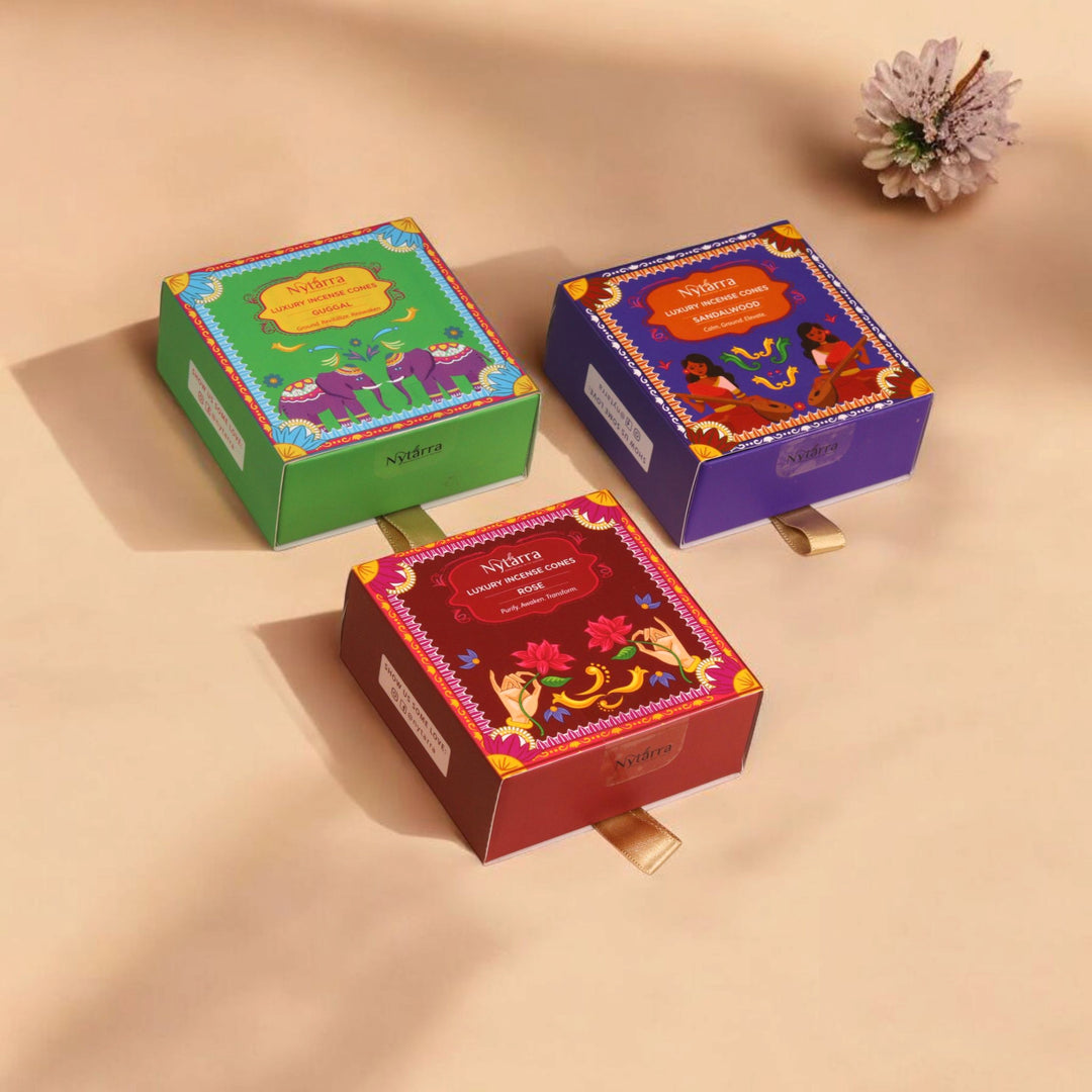 Nytarra luxury incense cones in vibrant packaging, offering rich, aromatic fragrances for a soothing and refreshing experience.