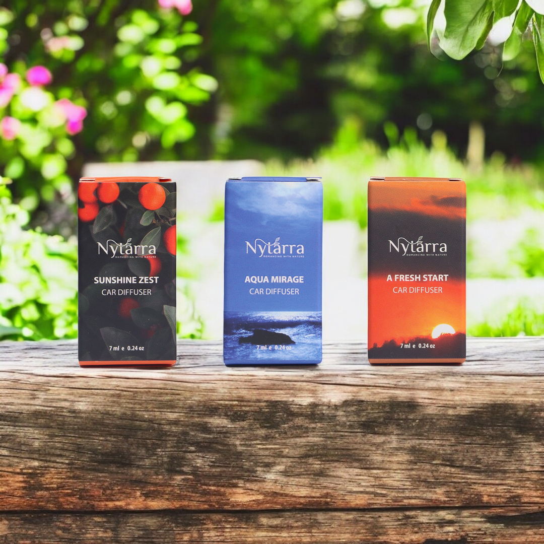 Nytarra car diffusers: Sunshine Zest, Aqua Mirage, and A Fresh Start—refreshing scents for an invigorating drive.